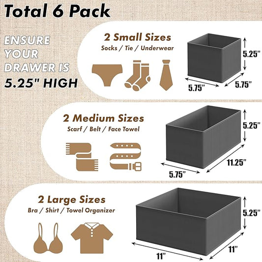 Simple Houseware Underwear Drawer Organizer for Lingerie/Undergarment/Bra/Panty/Sock/Onesie, Set of 6, Dark Gray