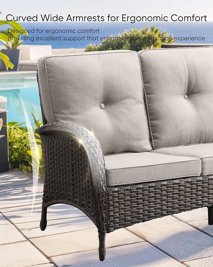 HUMMUH Outdoor Patio Couch-Outdoor Rattan Couch with Thick Cushions Outdoor Sofa for Deck Lawn Porch Balcony Poolside-Brown/Grey