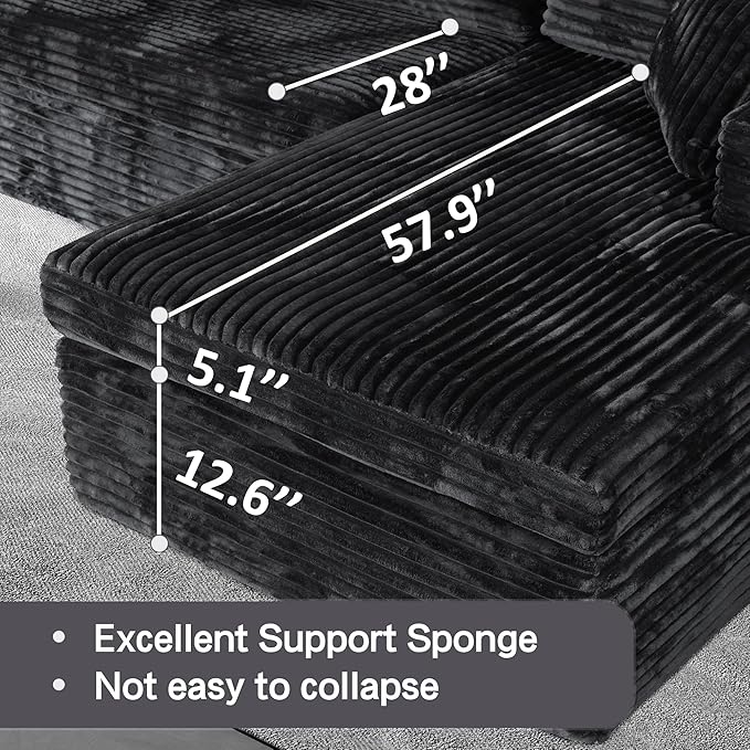 108-inch Boneless Couch for Living Room,Comfy Boneless Sofa with Deep Seats & Chaise Lounge, 3-Seat Modular Sofa Memory Foam Sectional Couches - No Assembly Required(Dark Black)