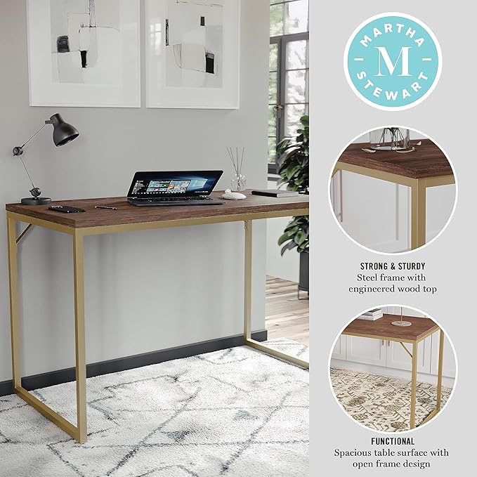Martha Stewart Noah Home Office Parsons Desk in Walnut Wood Grain with Polished Brass Metal Frame