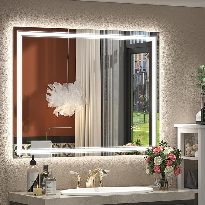 40x32 LED Lighted Mirror for Bathroom Wall, Led Vanity Mirror with Lights, Dimmable, Shatterproof, Anti-Fog, Memory (Horizontal/Vertical)