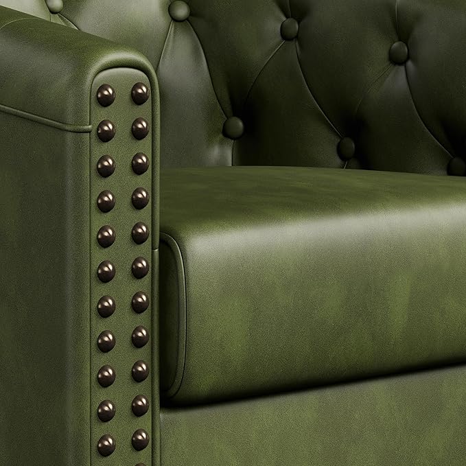 Swivel Barrel Accent Chair,Round Nailhead Faux Leather Living Room Arm Chairs,Modern Upholstered Comfty Reading Nook Chairs for Bedroom,Small Club Armchair,Single Sofa Side Chair,Olive Green