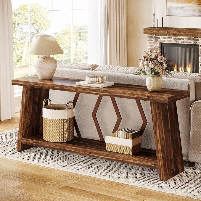 Tribesigns 70.86-Inch Extra Long Console Table for Living Room, 2-Tier Sofa Table Behind Couch with Storage, Wooden Console for Entryway Hallway, Brown