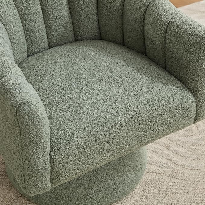 Swivel Accent Chair,Upholstered Teddy 360° Swivel Barrel Chair for Living Room Overstuffed Bouncle Reading Chair Round Armchair for Bedroom,Vanity,Office-Green