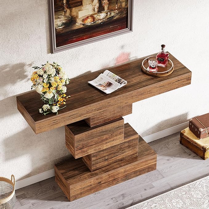 Tribesigns 42.5" Farmhouse Console Table, Narrow Wood Sofa Table Behind Couch with Geometric Base, Industrial Entryway Accent Table for Living Room, Hallway, Entrance (Rustic Brown)