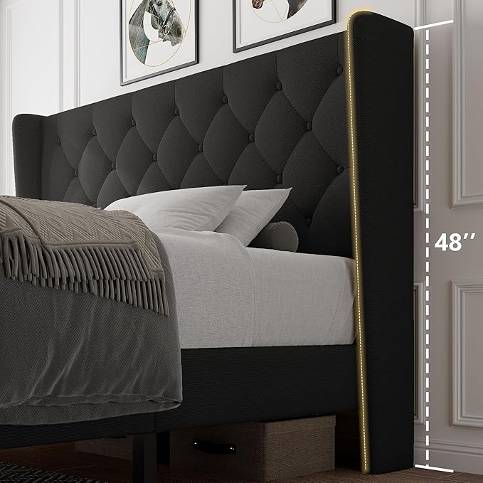 iPormis Full Size Platform Bed Frame with Button Tufted Headboard, Upholstered Bed Frame with Solid Wooden Slats, 8" Underbed Space, No Box Spring Needed, Noise Free, Easy Assembly, Black