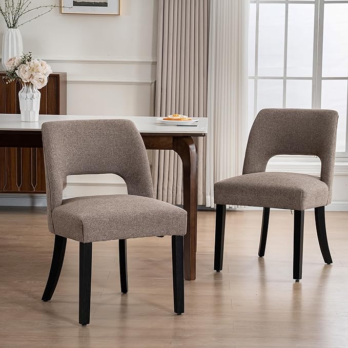 VKNOW Wooden Dining Chairs Set of 2, Modern Fabric Upholstered Dining Room Chair Kitchen Chairs, Farmhouse Dinner Chair for Kitchen Dining Room, Brown-Black Legs