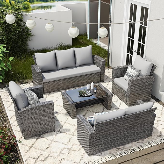 Wisteria Lane 5 Piece Patio Furniture Set, Wicker Outdoor Patio Conversation Furniture Set, All Weather Outdoor Patio Sofa with Cushion and Glass Table, Grey