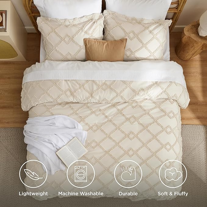 Bedsure Boho Comforter Set Queen - Beige Tufted Queen Size Comforter, 3 Pieces Farmhouse Shabby Chic Embroidery Bed Set, Soft Fluffy Geometric Pattern Bedding for All Seasons