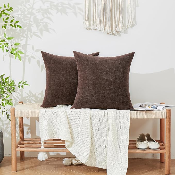 GAWAMAY Decorative Square 16x16 Inch Throw Pillow Covers Set of 2, Super Soft Chenille Pillows Farmhouse Fall Pillowcase for Living Room Bedroom Sofa Couch Cushion Cover Coffee 40x40cm (No Inserts)