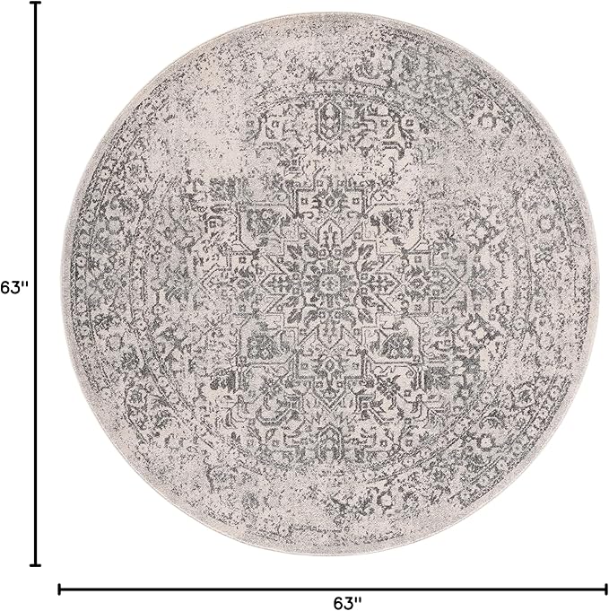 SAFAVIEH Evoke Collection Area Rug - 5'3" Round, Ivory & Grey, Distressed Design, Non-Shedding & Easy to Clean, Ideal for Living Room, Bedroom, Dining Space (EVK256F)