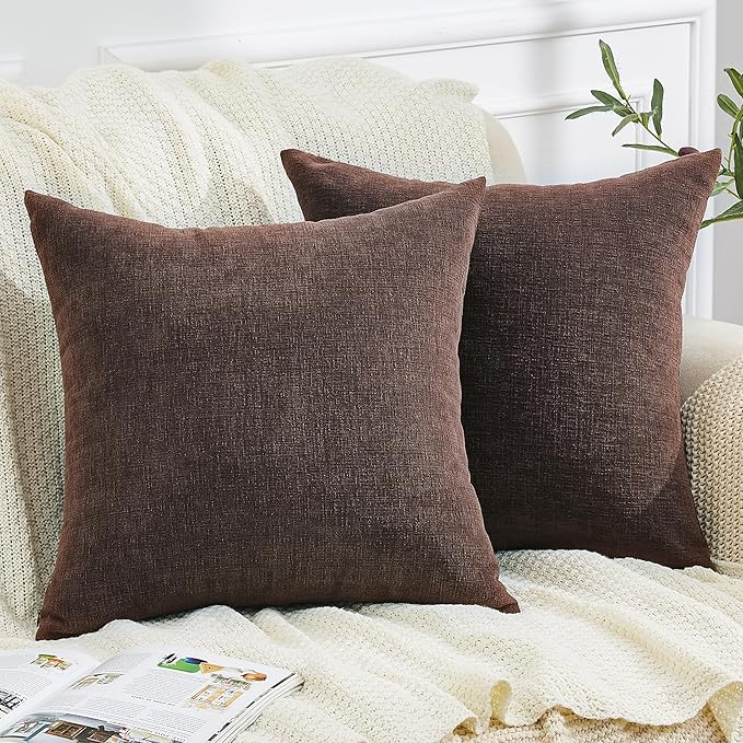 GAWAMAY Decorative Square Throw Pillow Covers 18x18 Inch Set of 2, Super Soft Chenille Pillows Cover Fall Pillowcase for Living Room Bedroom Sofa Couch Cushion Cover Coffee 45x45cm (No Inserts)