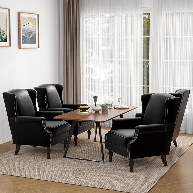 Accent Chair, Upholstered High Back Armchair with Nailhead Trim & Wood Legs, Comfy Wingback Reading Single Sofa Chair for Small Spaces, Living Room, Bedroom (Leather Black, Set of 1)