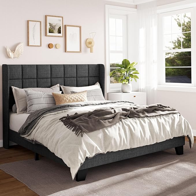 Allewie Queen Size Platform Bed Frame with Wingback, Fabric Upholstered Square Stitched Headboard and Wooden Slats, Mattress Foundation, Box Spring Optional, Easy Assembly, Dark Grey