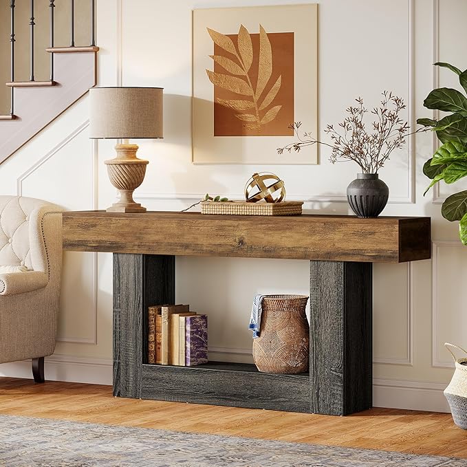 Tribesigns 63-Inch Long Console Table, 2-Tier Entryway Table Sofa Table with Storage, Farmhouse Wood Behind Couch Tables for Living Room, Hallway, Rustic Brown & Gray
