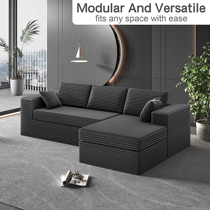 108-inch Boneless Couch for Living Room,Comfy Boneless Sofa with Deep Seats & Chaise Lounge, 3-Seat Modular Sofa Memory Foam Sectional Couches - No Assembly Required(Dark Grey)