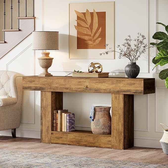 Tribesigns 63-Inch Long Console Table, 2-Tier Entryway Table Sofa Table with Storage, Farmhouse Wood Behind Couch Table for Living Room, Hallway, Rustic Brown
