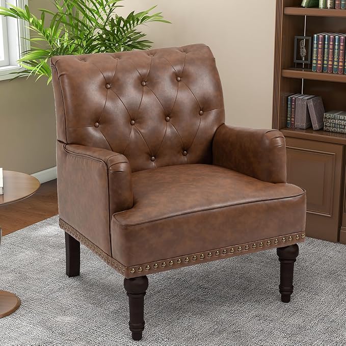 Pia Ricco PU Leather Accent Chairs 2 Pack - Modern Armchairs with Wooden Legs, Office Living Room Bedroom Seating Set-Brown