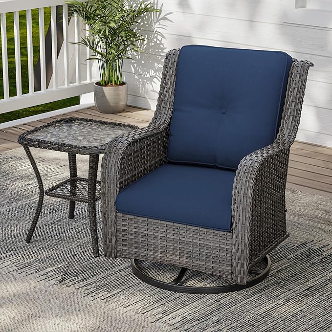 2 Pieces Outdoor Swivel Rocker Patio Chairs Set - Outdoor Wicker Patio Conversation Sets with 1 Side Table, Olefin Fabric Cushions Suitable for Backyard Deck and Porch, Blue