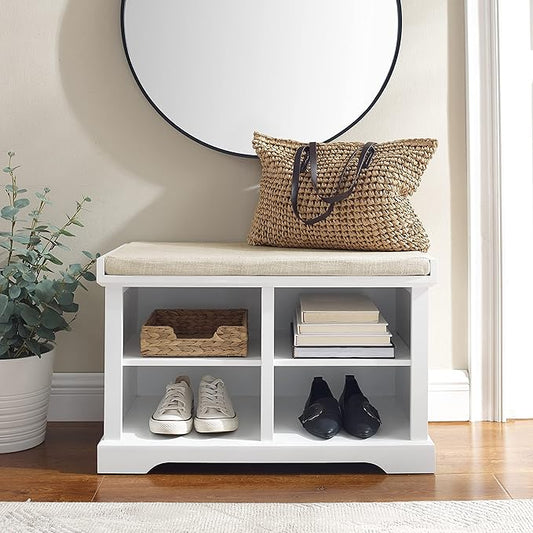 Crosley Furniture Anderson Entryway Storage Bench with Shoe Rack Organizer Shelves, White