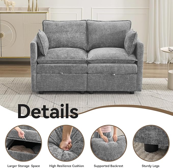 55" Cloud Modular Loveseat Sofa with Storage, Modern Upholstered Sofa Couch Small Love Seat,2 Seater Chenille Comfy Sectional Sofa with Armrests for Living Room, Small Space, Light Grey