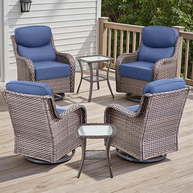 Rilyson 6 Piece Outdoor Patio Swivel Rocker Chairs, Waterproof Wicker, High Back, Deep Seating, Wide Armrest, Upgraded 6 inch Thick Cushions, Side Table, Ideal for Deck Porch Yard, Brown/Blue