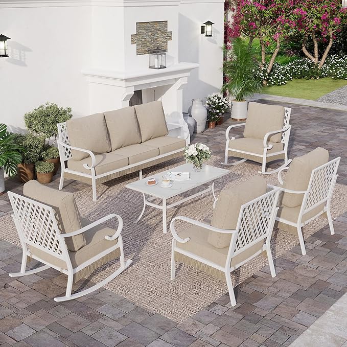 6 PCS Metal Outdoor Patio Furniture Set, Patio Conversation Set 1 3-Seater Couch, 2 Fixed Sofa, 2 Rocking Sofa with 5.75" Thick Cushion and Coffee Table White Backyard Furniture, Beige