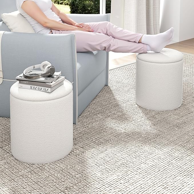 Ottoman Poufs with Storage, Set of 2 Soft Upholstered Vanity Stool,Multifunctional Ottomans Coffee Table Padded Seat Foot Rest for Living(White, Pack of 2)