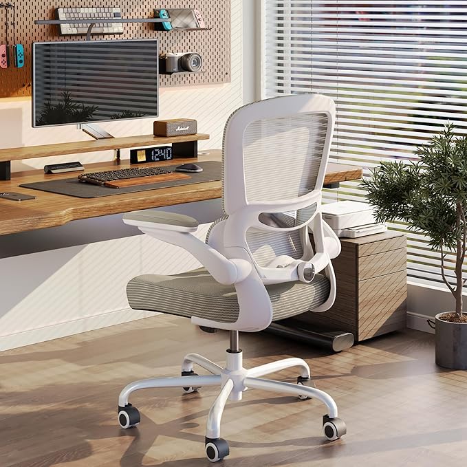 TRALT Ergonomic Office Chair - Desk Chair with Adjustable Lumbar Support Computer Chair - Mesh Comfy Chair with Flip-up Armrests - Gaming Chairs for Adults Home Office (Leather, Grey)