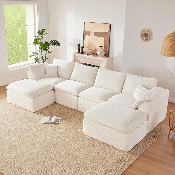 143" Cloud Sectional Couch, Boneless couches for Living Room,U Shaped Couch with Convertible Ottoman, Modular Sectional Sofa with Deep Seat, Comfy Soft Cushions, No Assembly, Beige