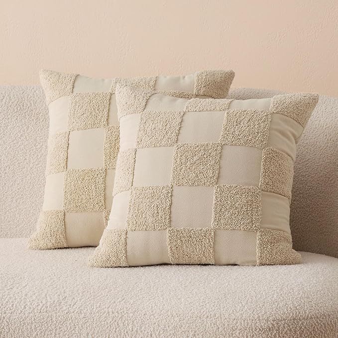 Double Stitch 100% Cotton Throw Pillow Covers - Set of 2 Checkered Tufted Boho Decorative Pillow Covers 20x20, Made in India, Square Cushion Case, Modern Home Decor for Couch, Sofa, Living Room, Oat
