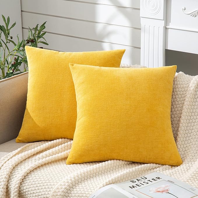 GAWAMAY Decorative Square Throw Pillow Covers 18"x18" Inch Set of 2, Super Soft Chenille Pillows Farmhouse Fall Pillowcase for Living Room Bedroom Sofa Couch Cushion Cover Mustard Yellow 45x45cm