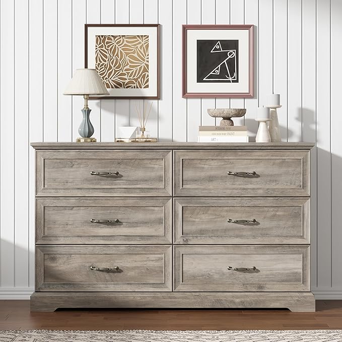 6 Drawer Dresser for Bedroom, 53" Wide Wooden Chest of Drawers, Rustic Farmhouse Dresser with Large Drawers & Metal Handles, Modern Storage Organizer for Closet, Living Room, Hallway, Grey