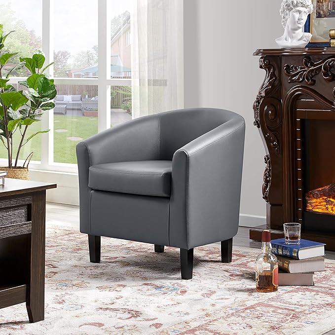 Yaheetech PU Leather Barrel Chair, Modern Accent Chair with Wood Sturdy Legs, Faux Leather Club Chair Comfy Armchair Modern Tub Chair for for Living Room Bedroom Waiting Room, Gray