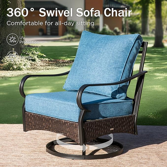 PHI VILLA Patio Furniture Set with 56" Fire Pit Table, Premium Outdoor Wicker Metal Frame Furniture with Upgraded Waterproof Thick Cushions for Porch, Poolside, Deck, and Yard