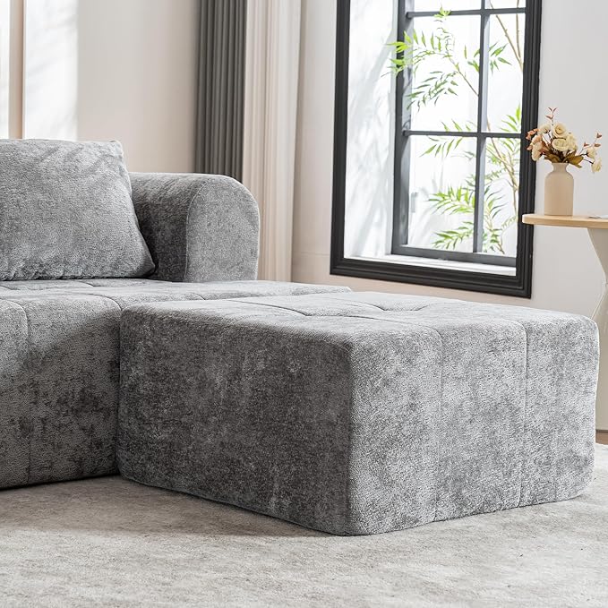 95" Modern Cloud Sectional Sofa Couch, Modular L-Shaped Sofas with Deep Seat and Chaise Ottoman, Chenille Boneless Tufted Couches for Living Room, No Assembly Required, Grey