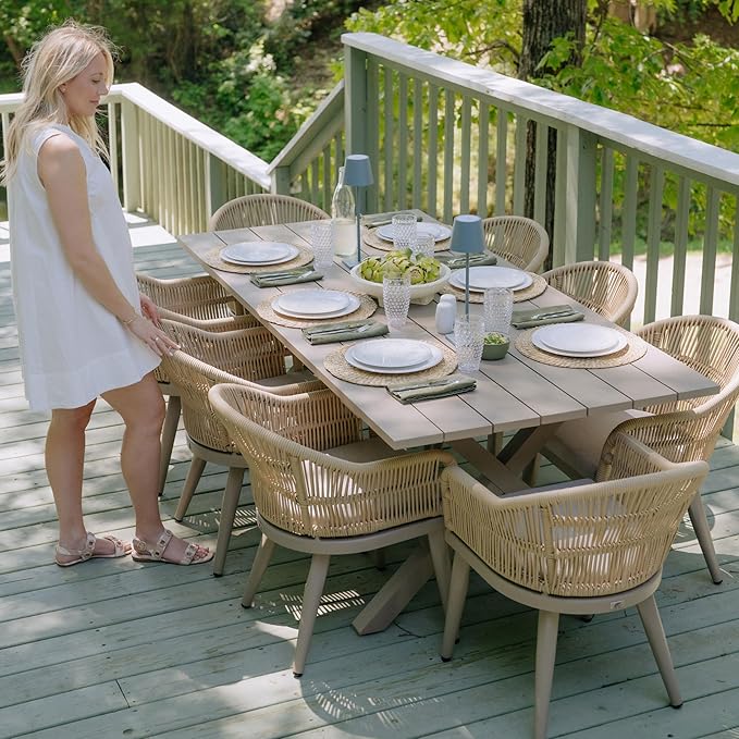 PURPLE LEAF 9 Pieces Outdoor Dining Set with Patio Aluminium Dining Table and Woven Rattan Chairs Modern Metal Furniture Cushions Sets for Garden Yard Indoor Kitchen Champagne