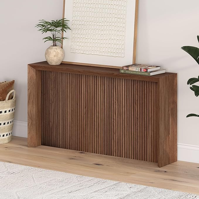 Henn&Hart 56'' Wooden Rectangular Fluted Console Table Entryway Table, Sofa Table for Entryway, Living Room, Couch, Hallway, or Office, Satin Walnut