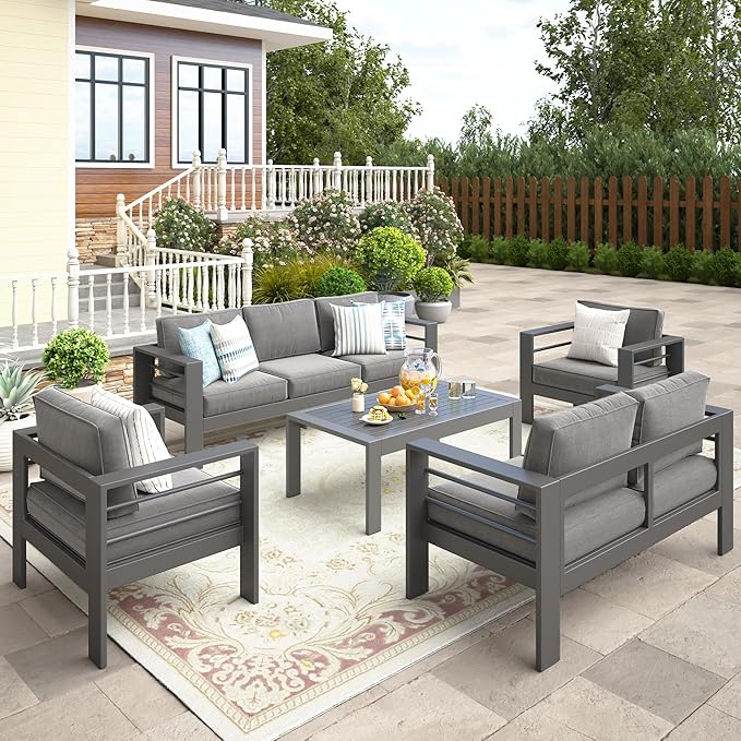 Wisteria Lane 5-Piece Outdoor Patio Furniture Set, Outdoor Sectional Furniture with Upgraded Cushions, Outdoor Conversation Seating Set for Balcony, Garden, Deck, Backyard, Grey