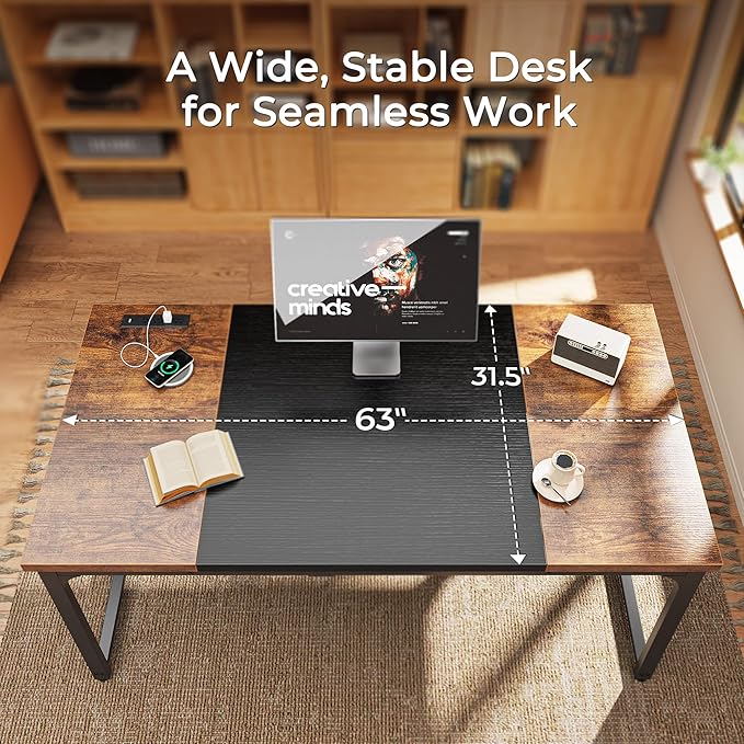 Huuger 63 x 31.5 inch Desk with Power Outlets & USB-C, 1.2 Inch Thicker Desktop, Robust Metal Tubes, Deep Computer Desk, Heavy Duty Office Desk, Work Desk, Rustic Brown and Black