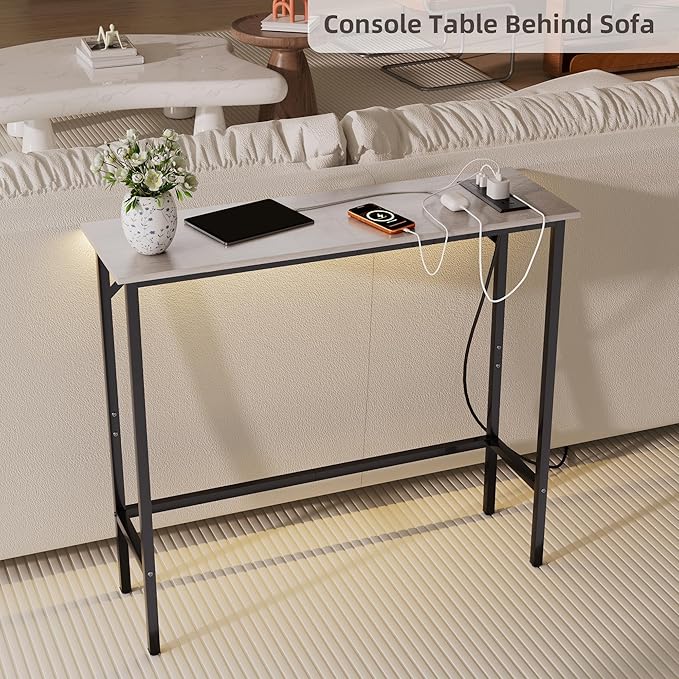 Narrow Console Table with Led Light and Charging Station,29.5" Small Entryway Table,Display Table,Entryway Hallway Thin Sofa Table Behind Sofa, Small Spaces, Living Room, Gray