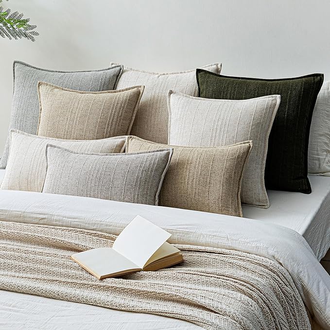 a moment Linen Pillow Covers Set of 2,Boho Farmhouse Throw Pillowcases Neutral Textured Decorative Covers for Couch Sofa Bed, Soft Linen Blend Accent Case Cushion Home Decor 20"x12"Beige Grey