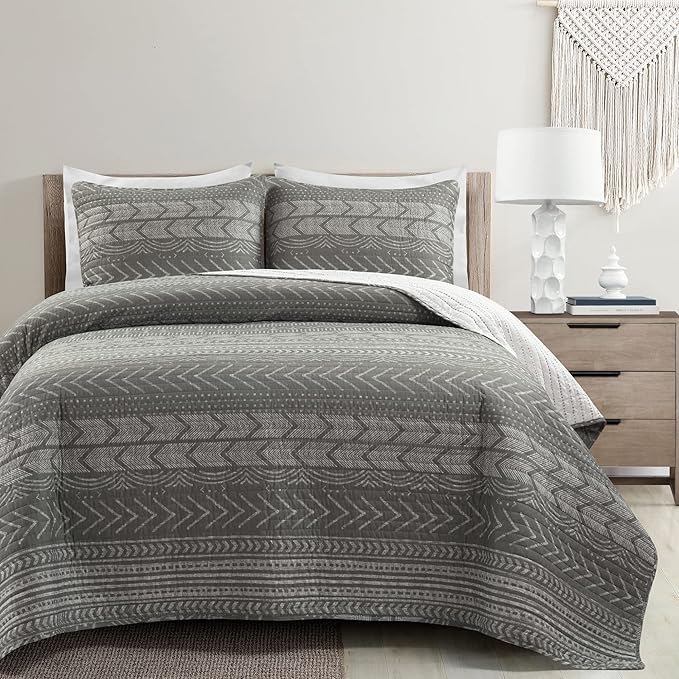 Lush Decor Hygge Geo Pattern Striped 3 Piece Quilt Bedding Set, King, Charcoal