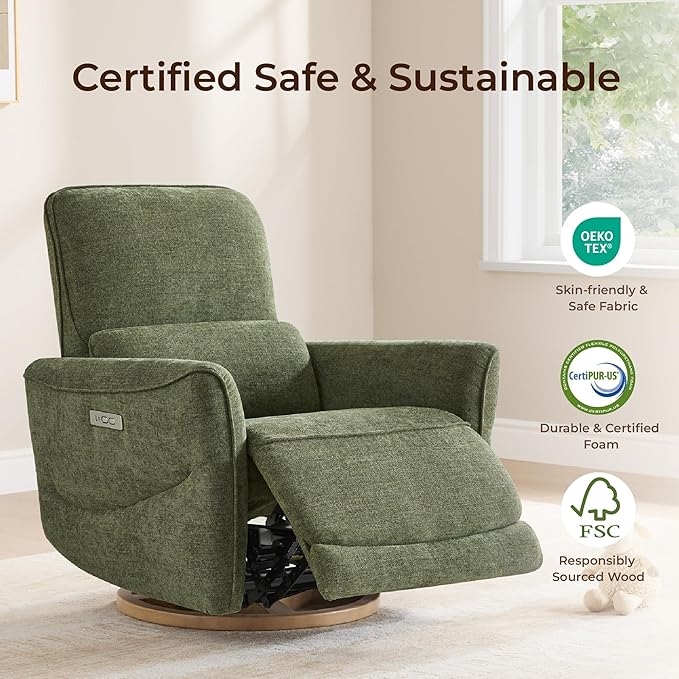 CHITA Power Nursery Rocking Chair, Swivel Glider Recliner Chair with Solid Wood Base, Bulit-in USB & Type-C Charging Ports for Living Room, FSC Certified, Moss Green