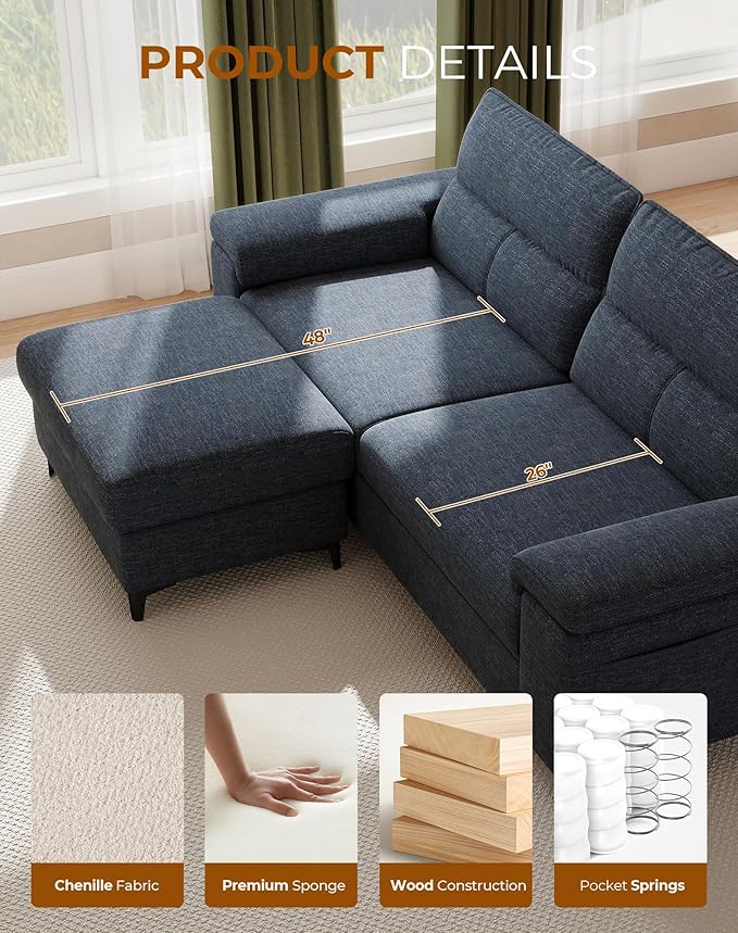 88.97" L Shaped Sectional Couches for Living Room, Deep Seat Sofa with Big Storage Ottoman & 8”Cushion, Comfy 2-Seater Chenille Loveseat, Convertible Armrest, Removable Cover for Small Space(Blue)