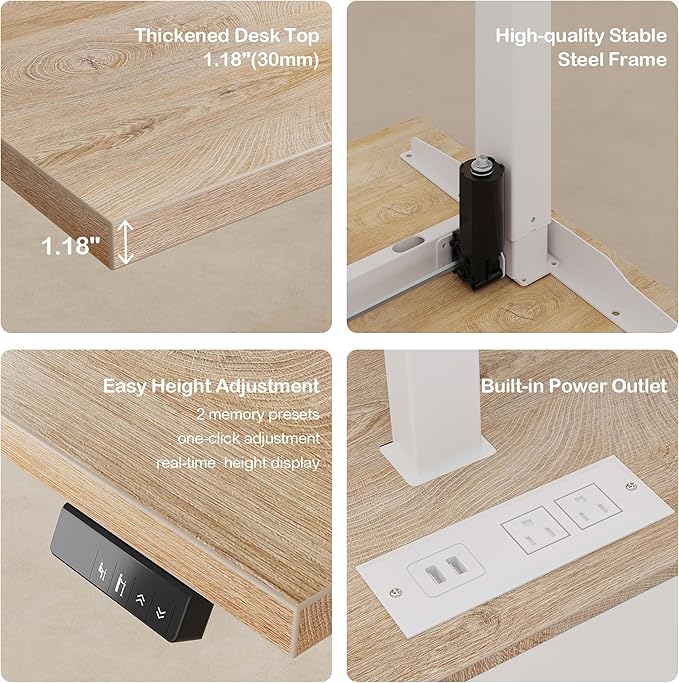 63" Standing Desk with File Cabinet, Privacy Panel, AC/USB, 1.18" Desktop, Executive L Shaped Height Adjustable Electric Stand Up Desk, Home Office Table with 3 Drawers, Light Walnut