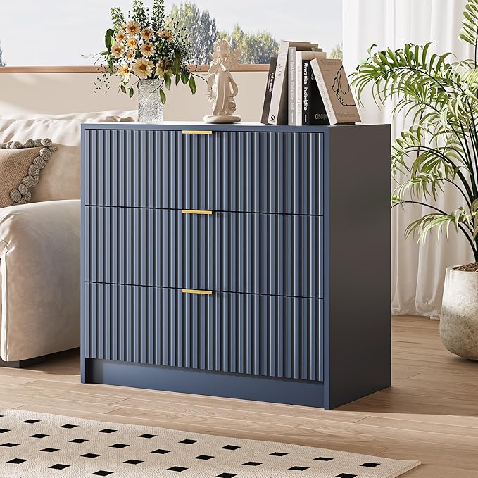3-Piece Dresser Bedroom Set, 9 Drawer Dresser & 3 Drawer Nightstands with Gold Handles, Fluted Wood Chest of Drawers for Bedroom, Living Room, Entryway, Navy Blue