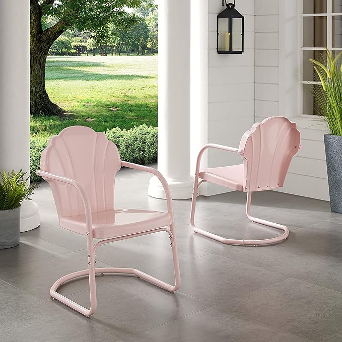 Crosley Furniture Tulip 2-Piece Outdoor Chair Set, Retro Metal Patio Chairs for Dining, Porch, Deck, Balcony, Pastel Pink Gloss