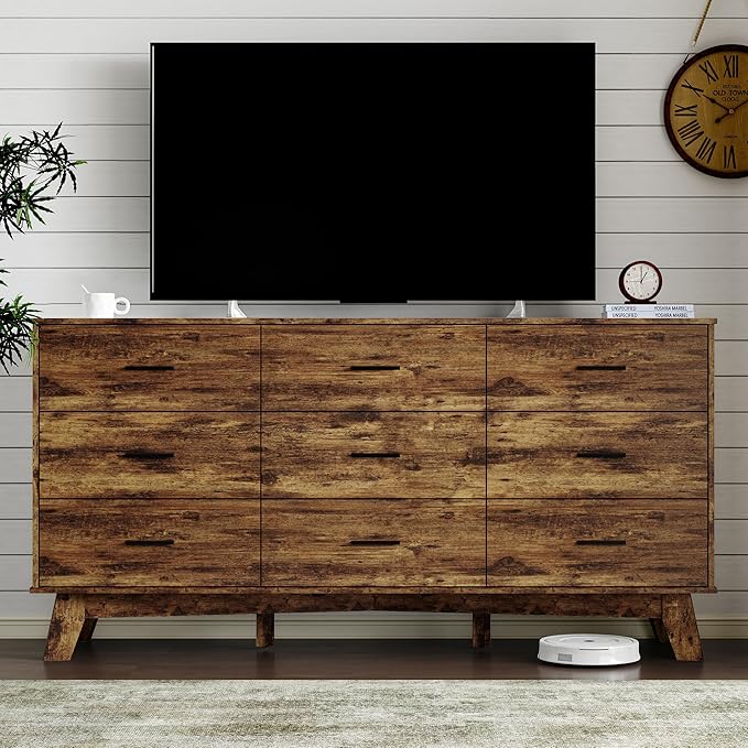 Dresser for Bedroom with 9-Drawer, 59" Wide Modern Chest of Drawers with Metal Handles, X-Shape Base & Adjustable Center Leg, Anti-Tip Closet Organizers and Storage