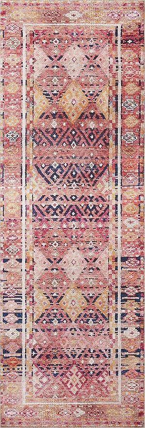 Loloi Layla Collection LAY-15 Magenta/Multi 2'-0" x 5'-0" .13" Thick Accent Rug, Soft, Durable, Vintage Inspired, Distressed, Low Pile, Non-Shedding, Easy Clean, Printed, Living Room Rug